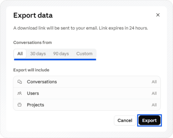 Claude's export dialog, where you confirm the data export request