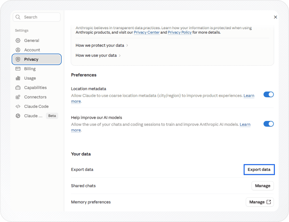 Claude Settings, Privacy section, with the Export data button