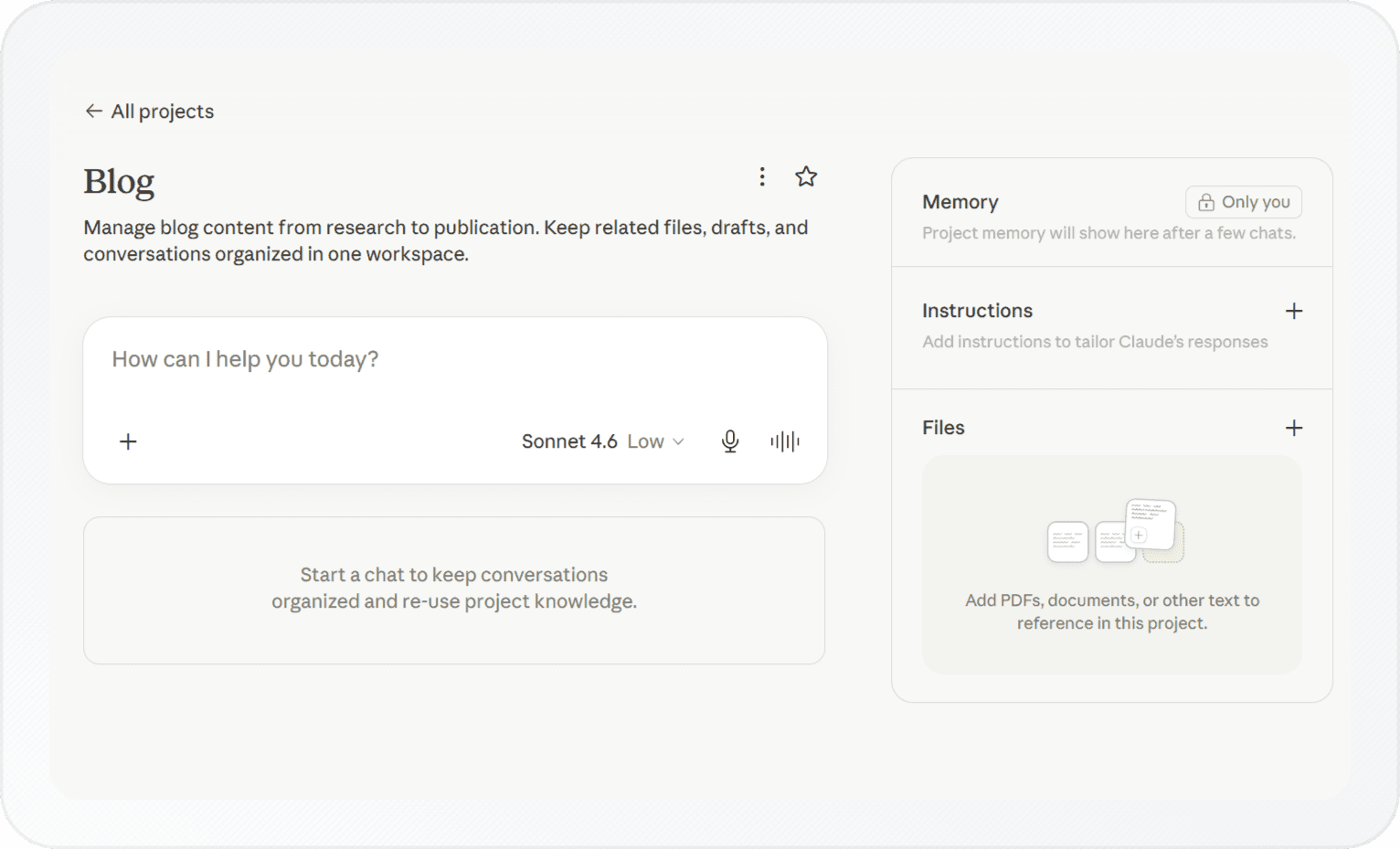 A Claude project page with the chat box on the left and Memory, Instructions and Files panels on the right