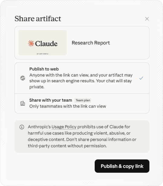 Legacy Claude "Share artifact" dialog with Publish to web selected and the Publish & copy link button