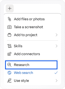 The plus menu in Claude's message box with Research highlighted and Web search ticked