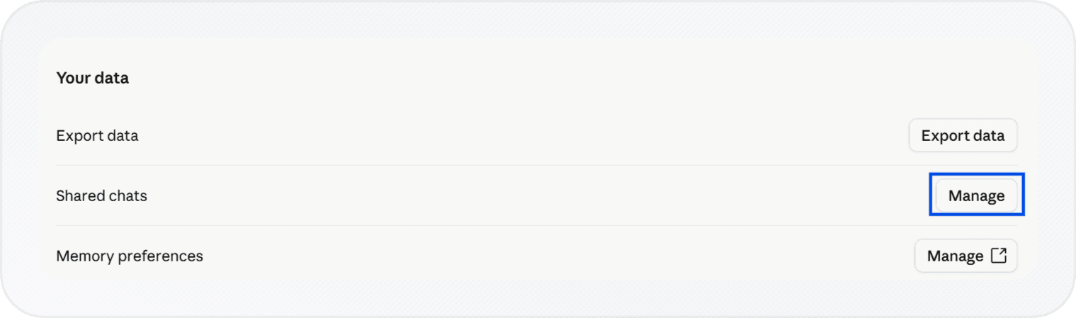 Claude Settings, Privacy section, with Manage next to Shared chats