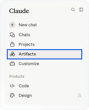 Claude's left sidebar with the Artifacts tab highlighted