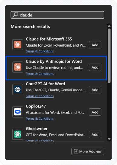Word add-in search for "claude" showing Claude for Microsoft 365 and Claude by Anthropic for Word listings